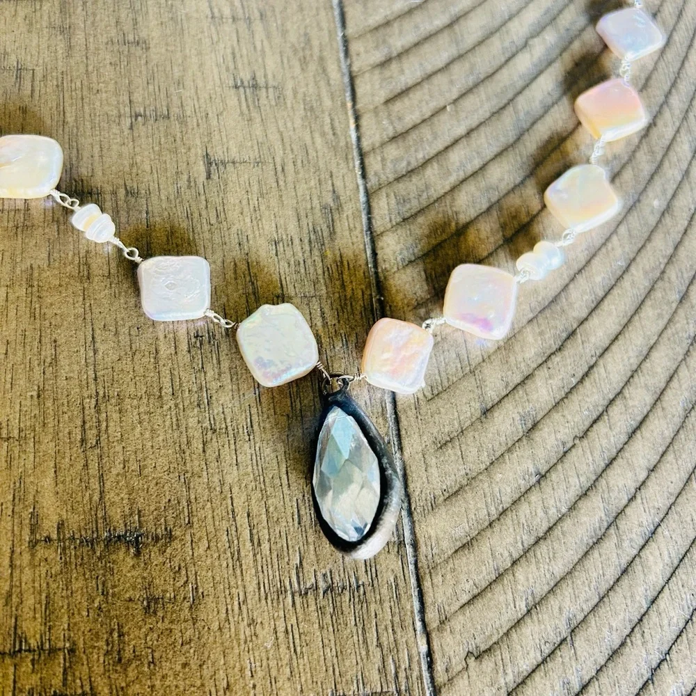 34" NECKLACE PEARL COLOR SQUARE PEARLS;  STERLING SILVER CRYSTAL CHARM; NEW - Picture 7 of 9